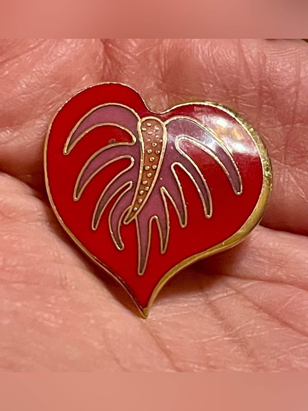 Laurel Burch Red and Pink Heart Enamel Brooch